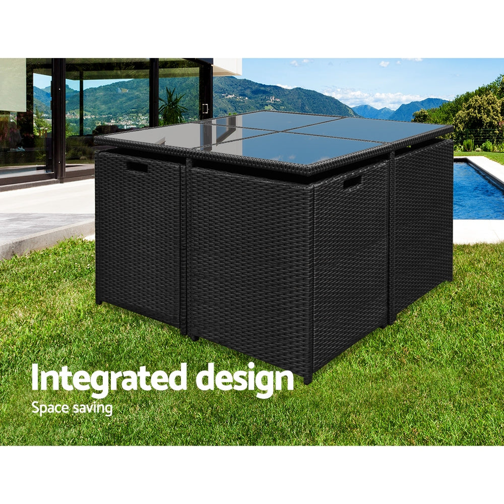 Outdoor Dining Set 9 Piece PE Wicker Table Chairs And Ottomans Black