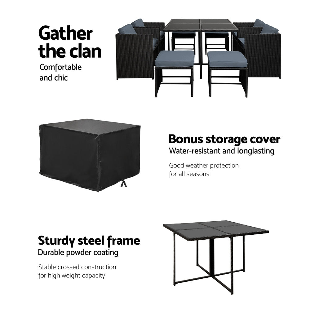 Outdoor Dining Set 9 Piece PE Wicker Table Chairs And Ottomans Black