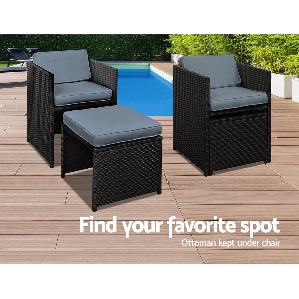 Outdoor Dining Set 9 Piece PE Wicker Table Chairs And Ottomans Black