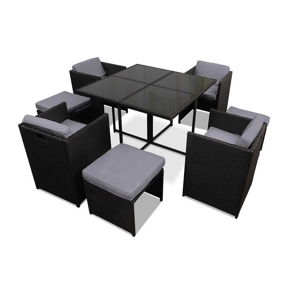 Outdoor Dining Set 9 Piece PE Wicker Table Chairs And Ottomans Black