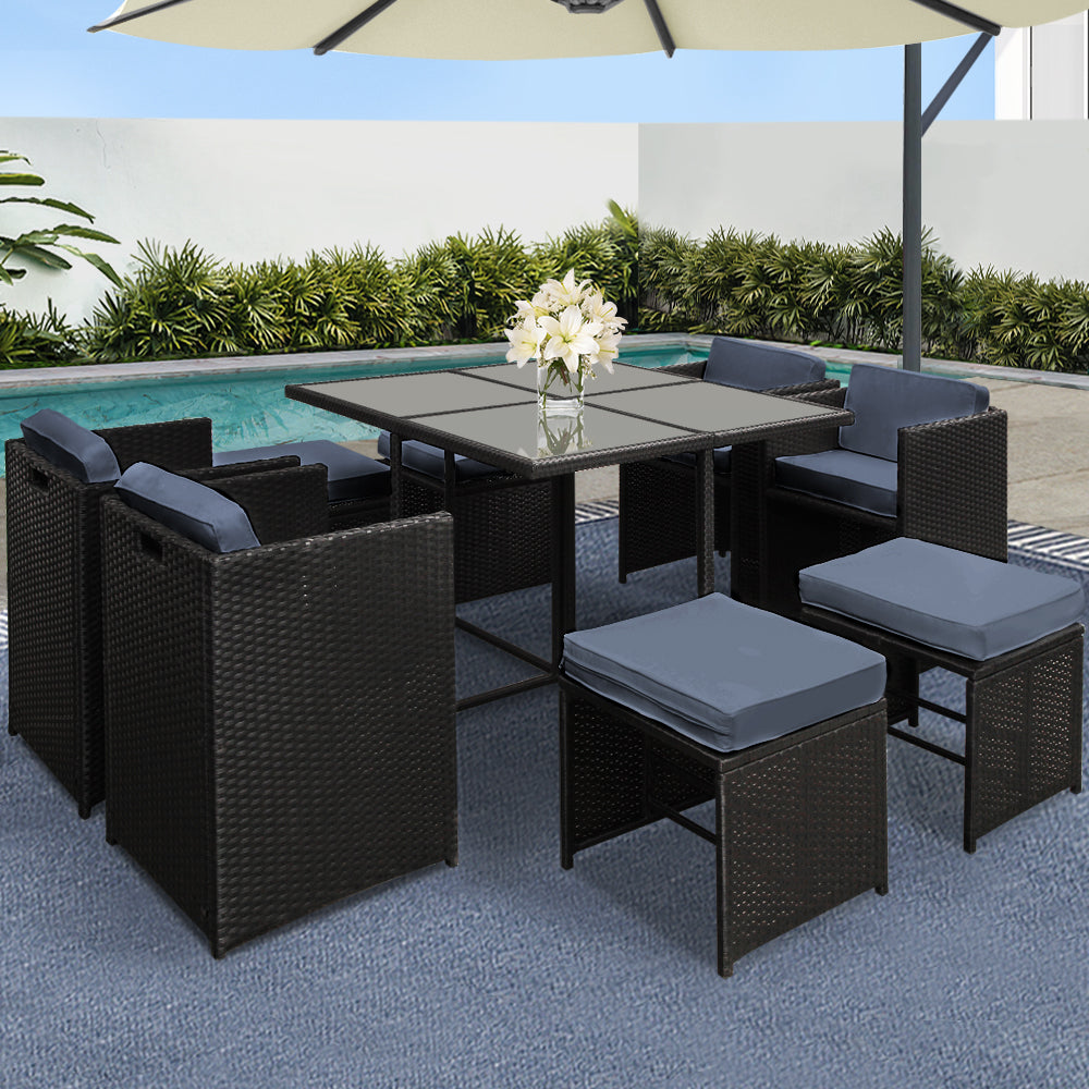 Outdoor Dining Set 9 Piece PE Wicker Table Chairs And Ottomans Black