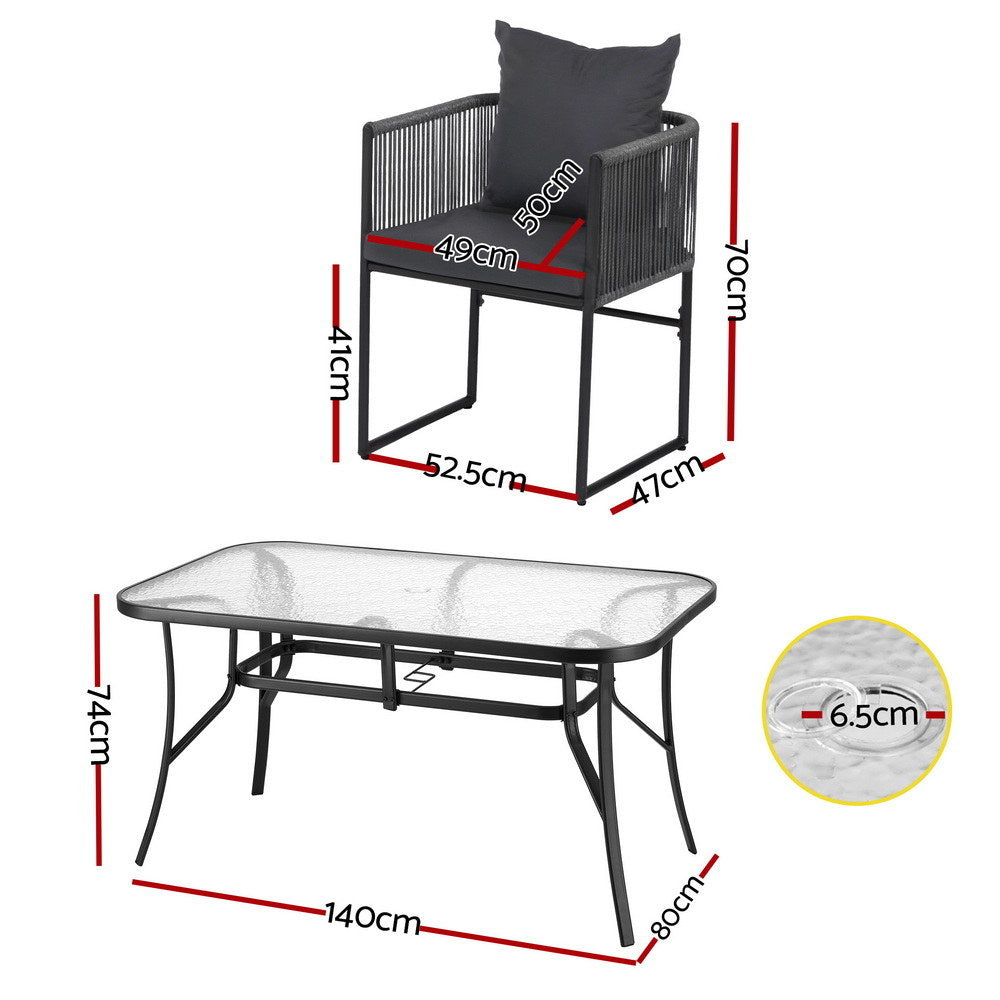 Paracombe 5 Piece Outdoor Dining Set, Black Rope and Glass