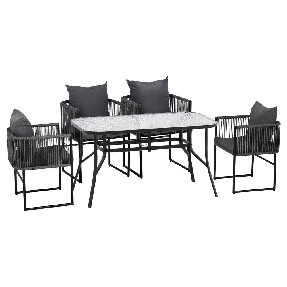 Paracombe 5 Piece Outdoor Dining Set, Black Rope and Glass