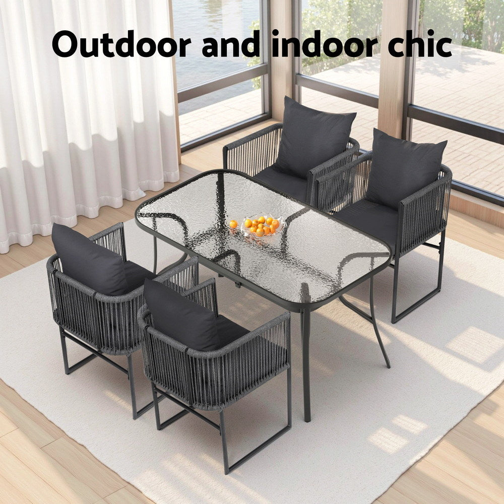 Paracombe 5 Piece Outdoor Dining Set, Black Rope and Glass