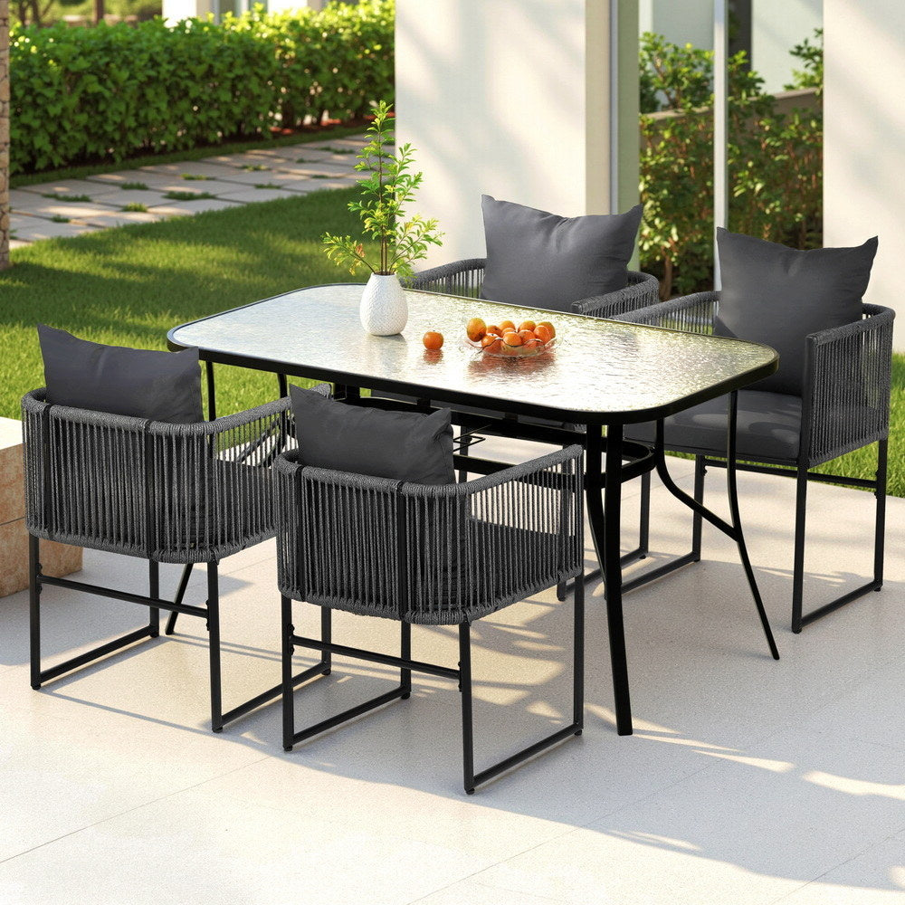 Paracombe 5 Piece Outdoor Dining Set, Black Rope and Glass