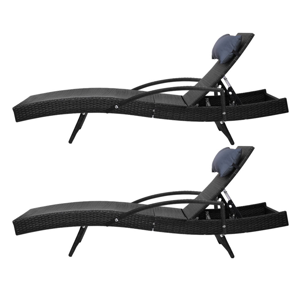 Gardeon 2 x Wicker Sun Lounge Outdoor Chair Adjustable with Armrest Black — Allure Home Collections