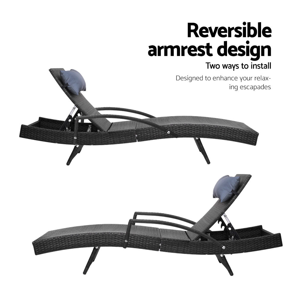 Gardeon 2 x Wicker Sun Lounge Outdoor Chair Adjustable with Armrest Black — Allure Home Collections