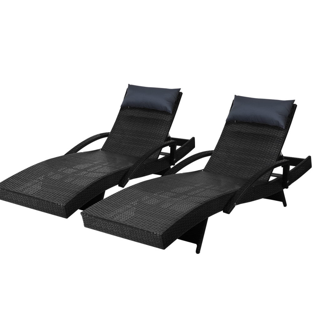 Gardeon 2 x Wicker Sun Lounge Outdoor Chair Adjustable with Armrest Black — Allure Home Collections