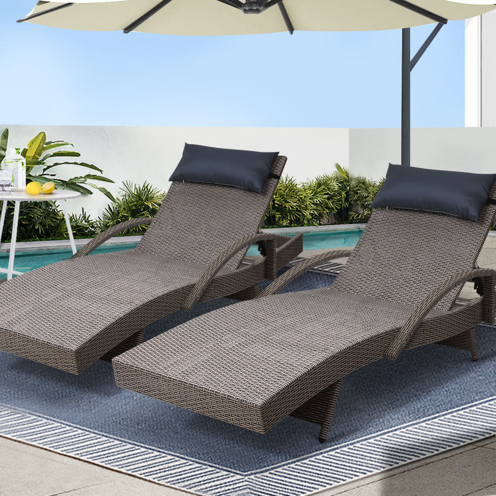 Gardeon 2 x Wicker Sun Lounge Outdoor Armchair Adjustable Grey and Beige — Allure Home Collections
