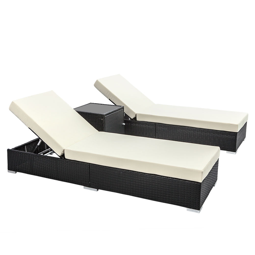 Bundaberg 3 Piece Sun Lounge Set, Black Wicker