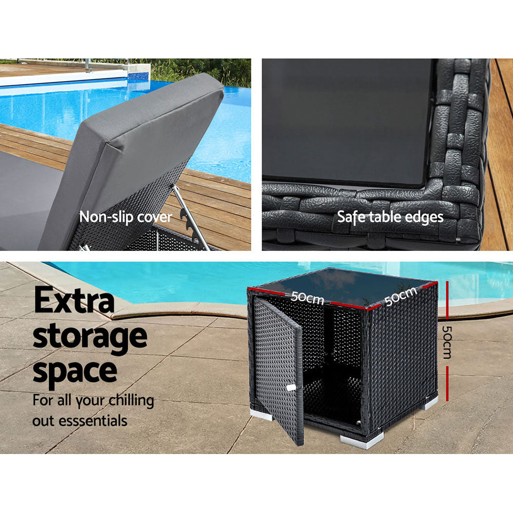 Bundaberg 3 Piece Sun Lounge Set, Black Wicker
