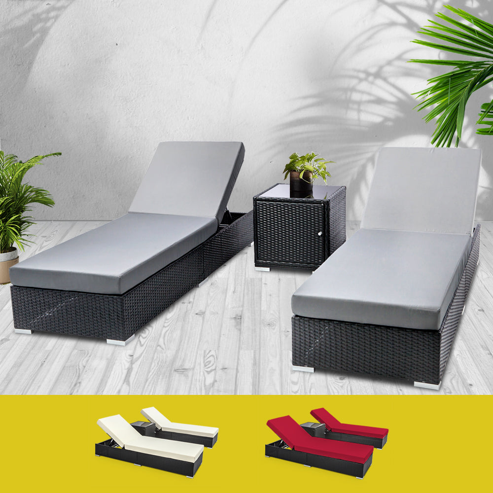 Bundaberg 3 Piece Sun Lounge Set, Black Wicker