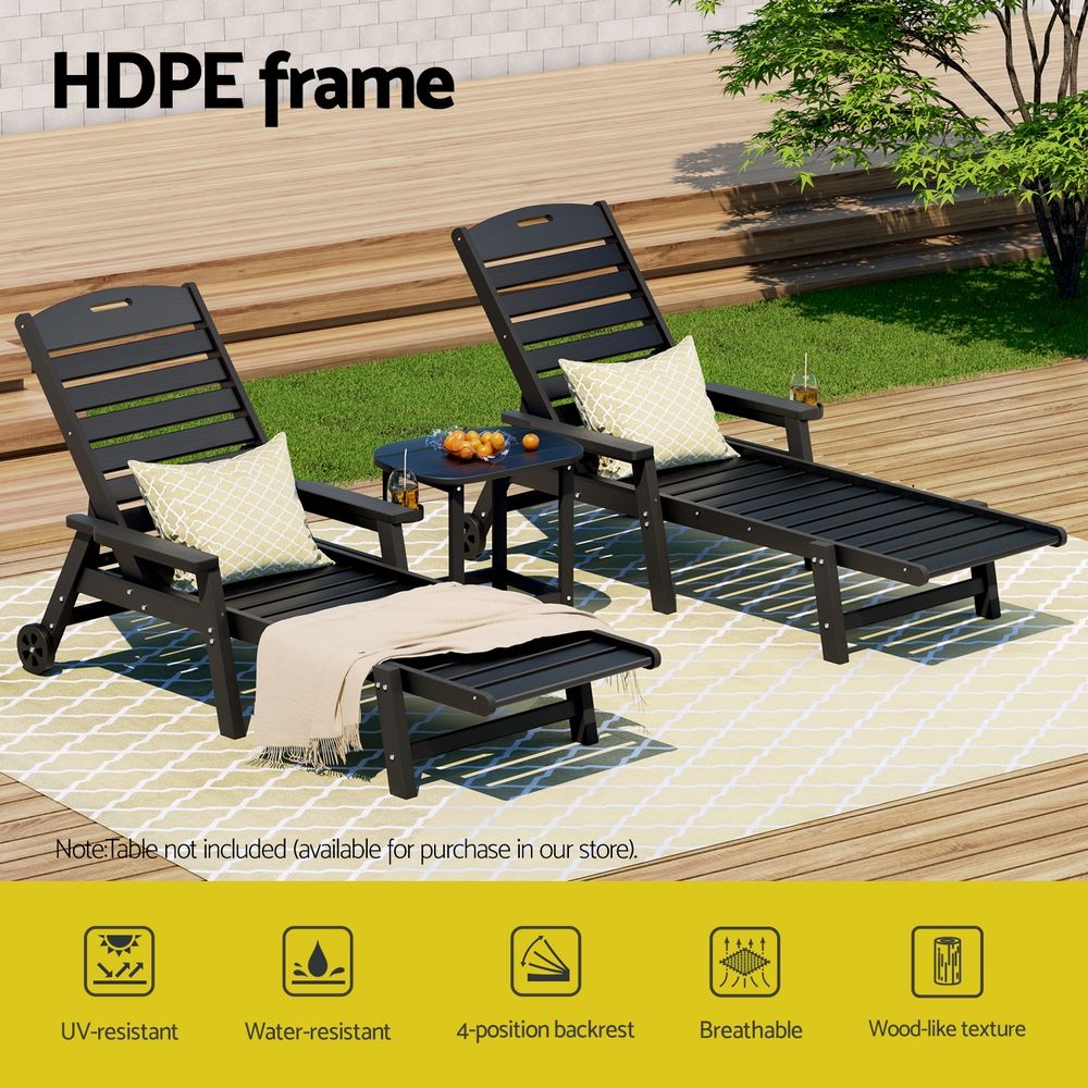 Kiama black HDPE sun lounger with wheels reclining on a patio