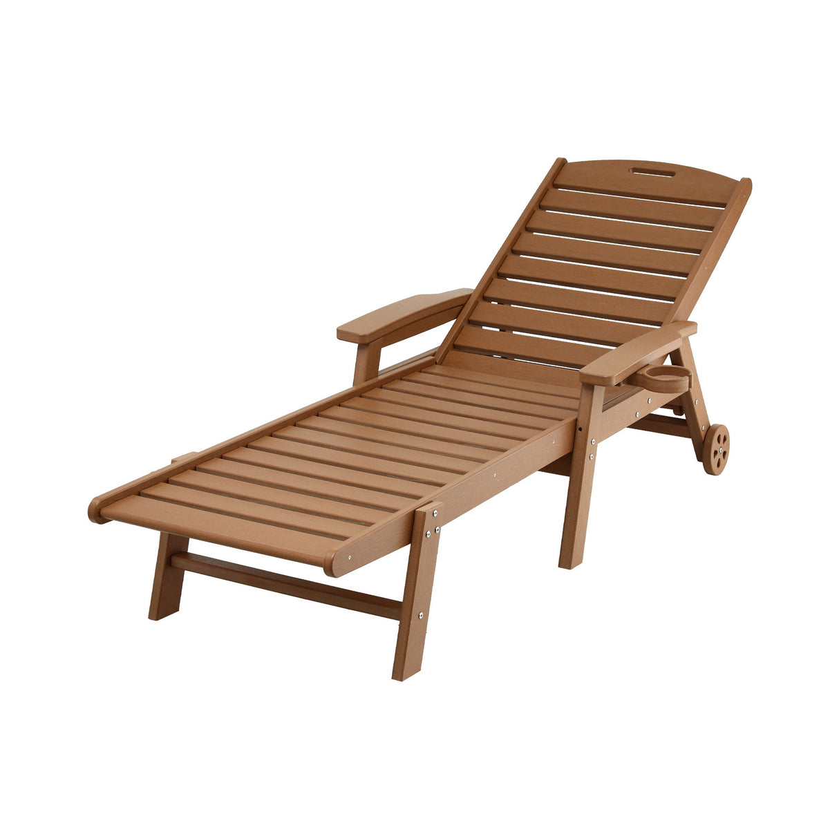 Kiama brown HDPE sun lounger with wheels reclining on a patio