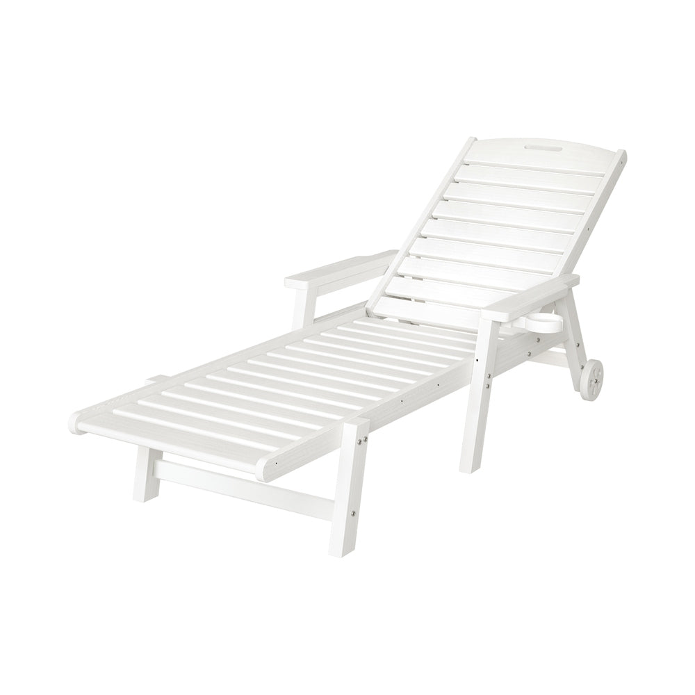 Kiama white HDPE sun lounger with wheels reclining on a patio