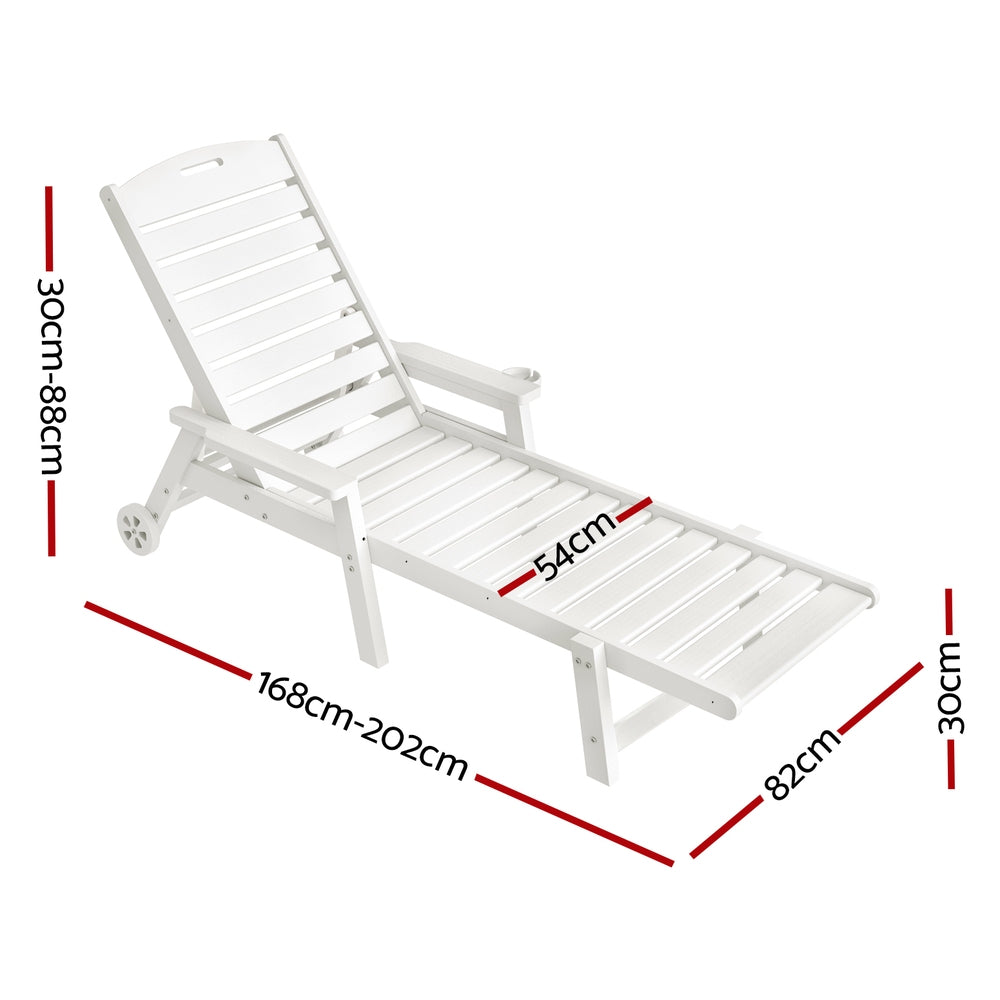 Kiama white HDPE sun lounger with wheels reclining on a patio