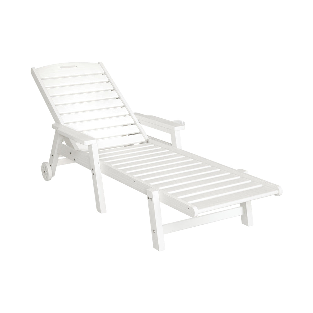 Kiama white HDPE sun lounger with wheels reclining on a patio
