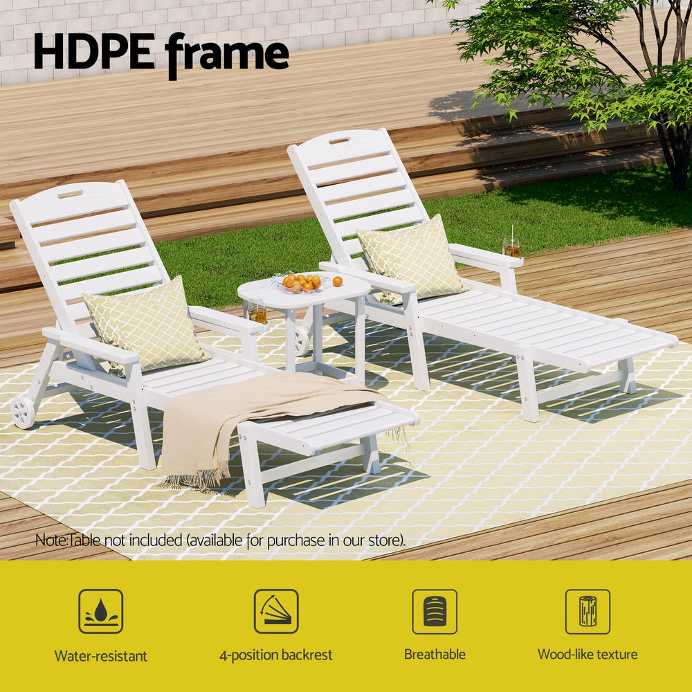 Kiama white HDPE sun lounger with wheels reclining on a patio
