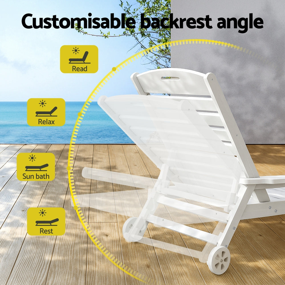 Kiama white HDPE sun lounger with wheels reclining on a patio