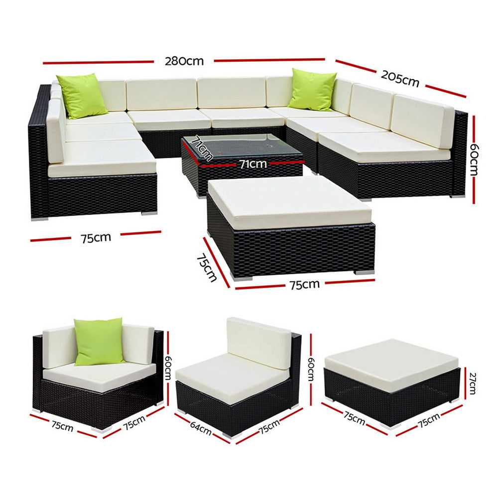 Hervey Bay 10 Piece Outdoor Corner Lounge Set, Black Wicker