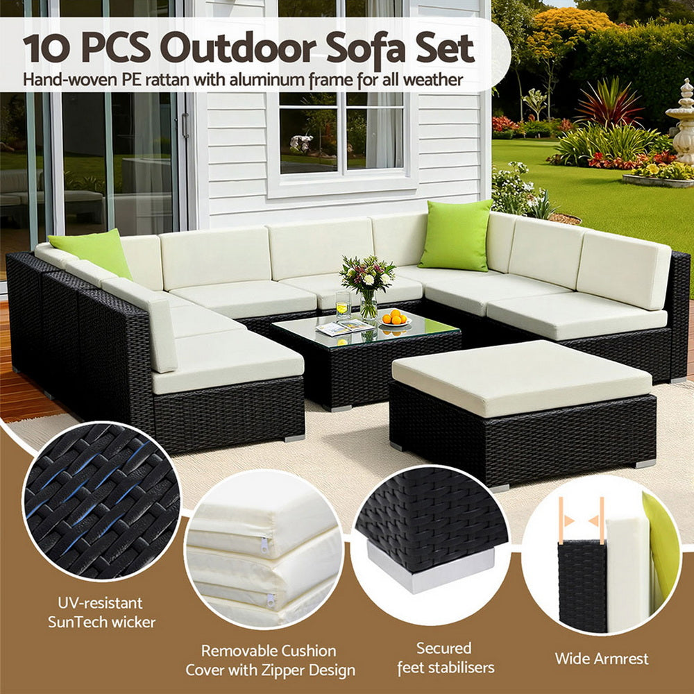 Hervey Bay 10 Piece Outdoor Corner Lounge Set, Black Wicker