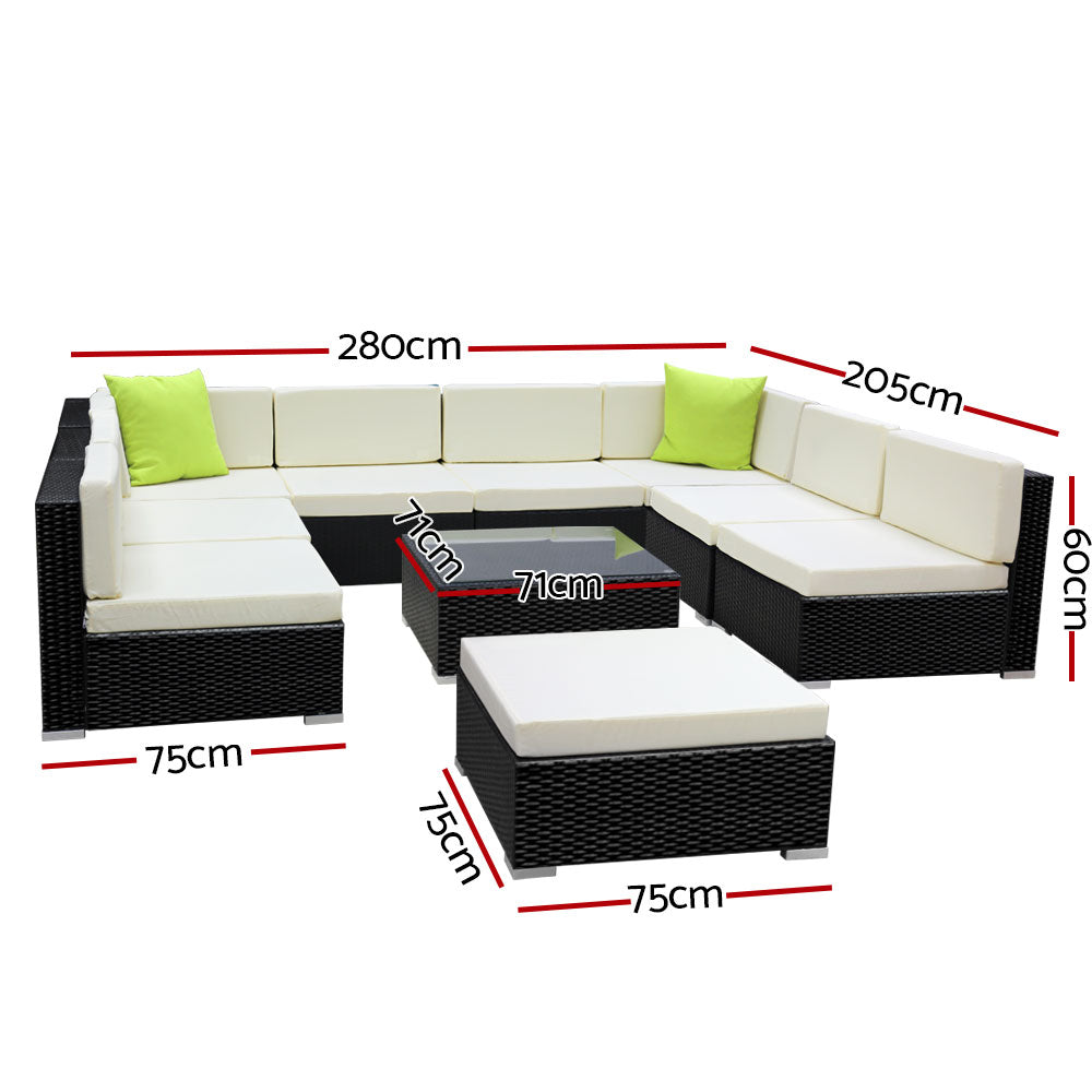 Hervey Bay 10 Piece 9 Seater Outdoor Corner Lounge Set, Black Wicker