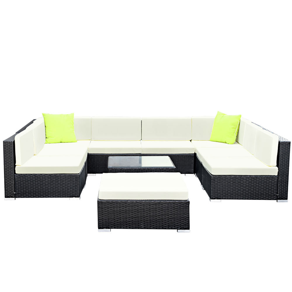 Hervey Bay 10 Piece 9 Seater Outdoor Corner Lounge Set, Black Wicker