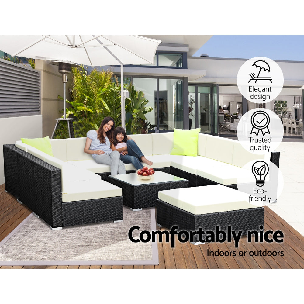 Hervey Bay 10 Piece 9 Seater Outdoor Corner Lounge Set, Black Wicker