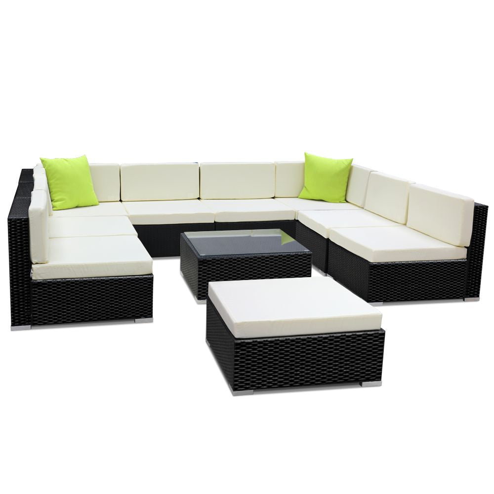 Hervey Bay 10 Piece 9 Seater Outdoor Corner Lounge Set, Black Wicker