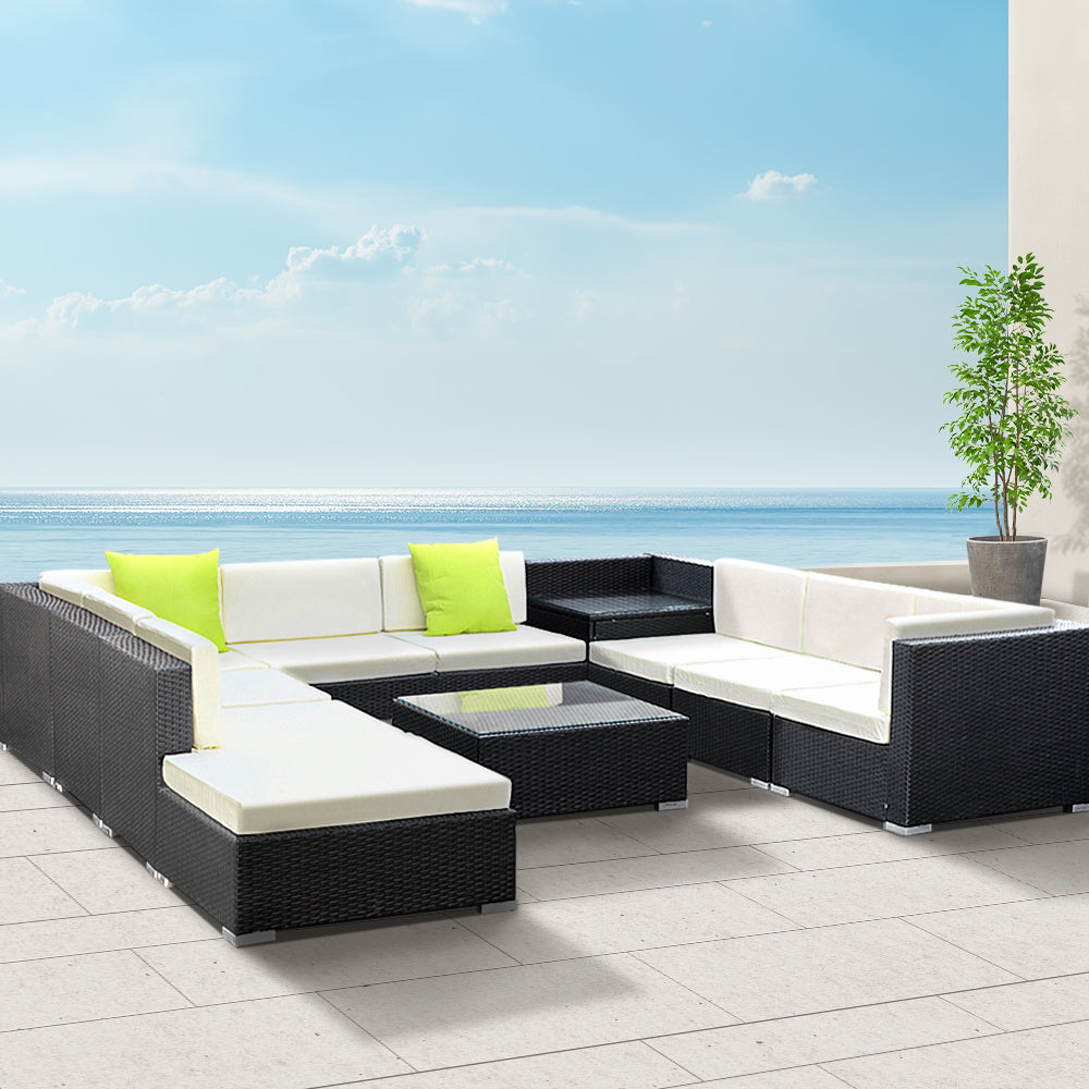 Steep Point Outdoor Sofa Set, Wicker Rattan, 11 Piece, Brown