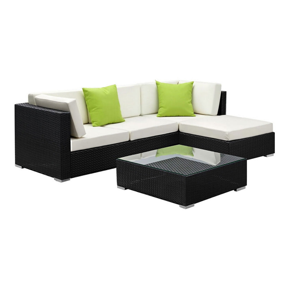 Hervey Bay 5 Piece Outdoor Corner Lounge Set, Black Wicker