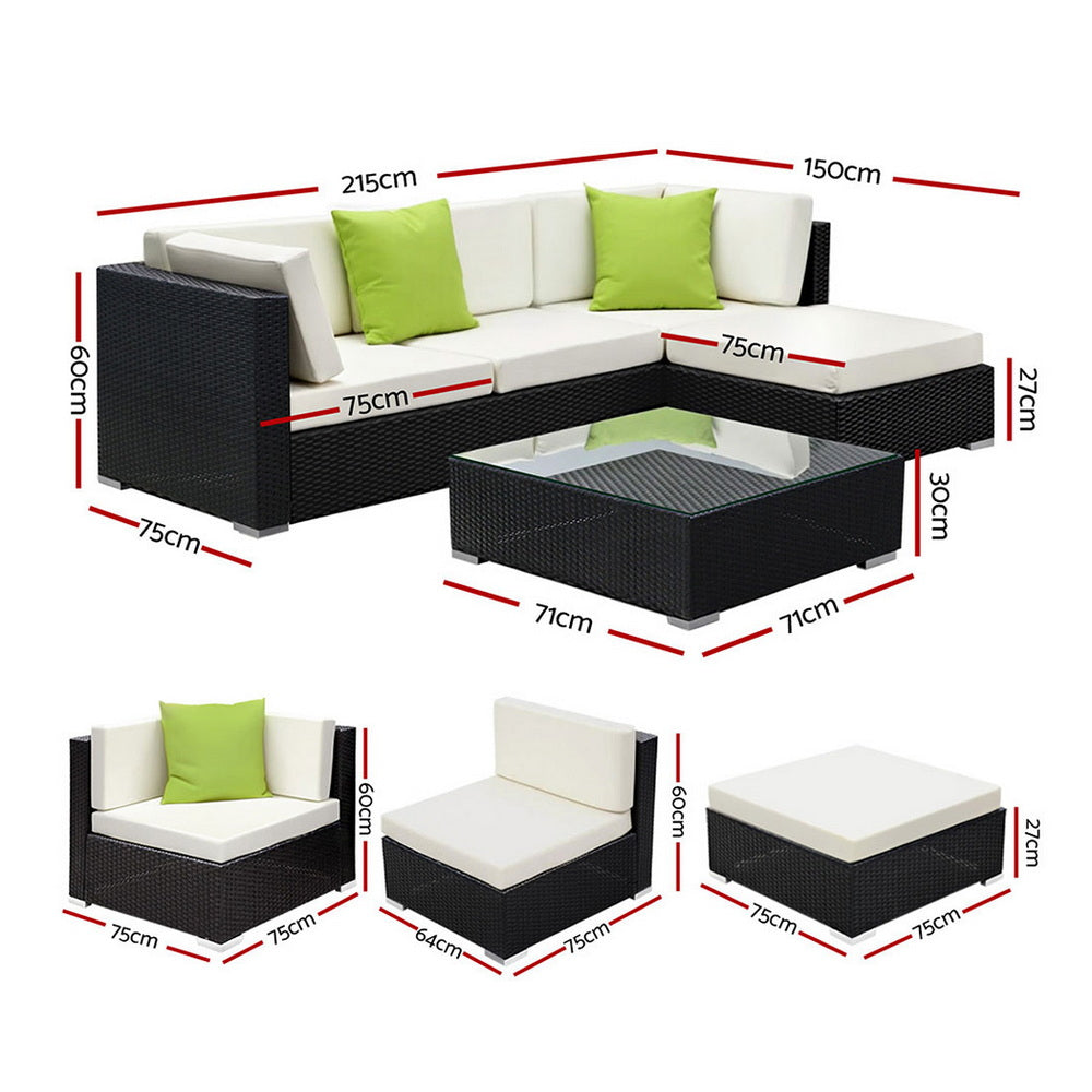 Hervey Bay 5 Piece Outdoor Corner Lounge Set, Black Wicker