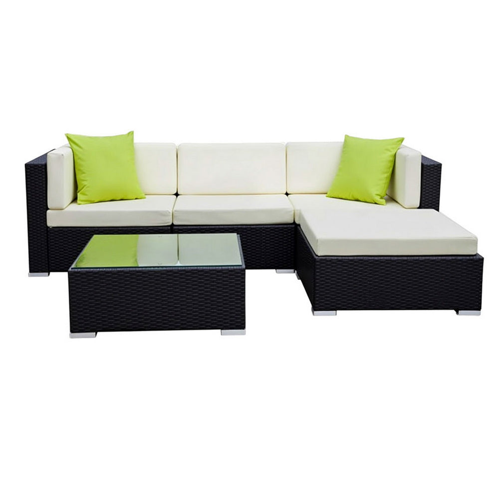 Hervey Bay 5 Piece Outdoor Corner Lounge Set, Black Wicker
