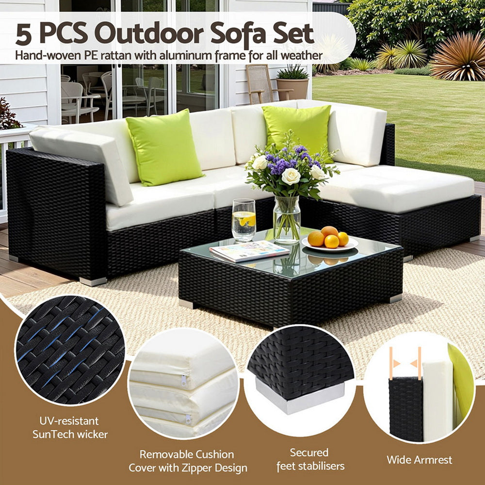 Hervey Bay 5 Piece Outdoor Corner Lounge Set, Black Wicker