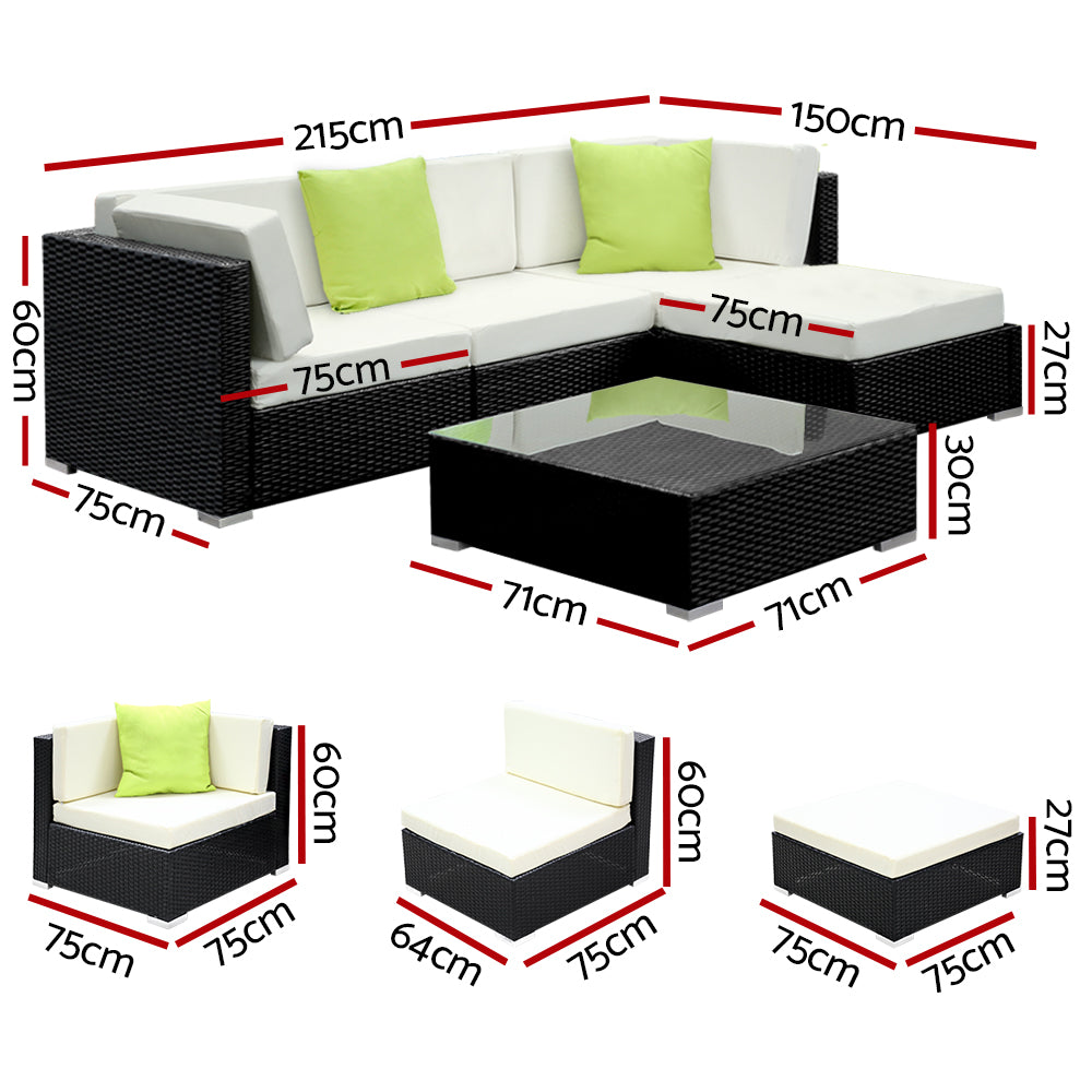 Hervey Bay 5 Piece 4 Seater Outdoor Corner Lounge Set, Black Wicker
