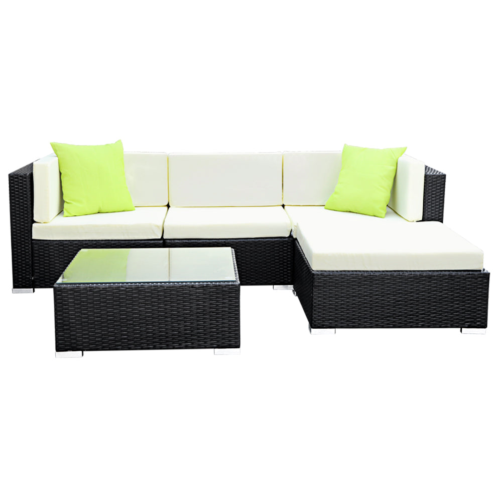 Hervey Bay 5 Piece 4 Seater Outdoor Corner Lounge Set, Black Wicker