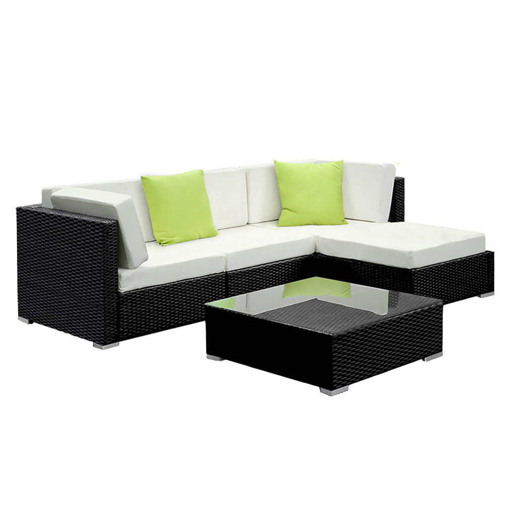 Hervey Bay 5 Piece 4 Seater Outdoor Corner Lounge Set, Black Wicker