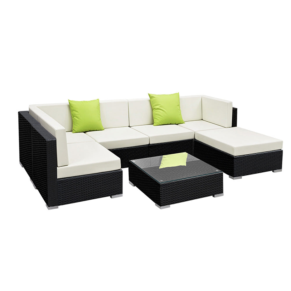 Hervey Bay 7 Piece Outdoor Corner Lounge Set, Black Wicker