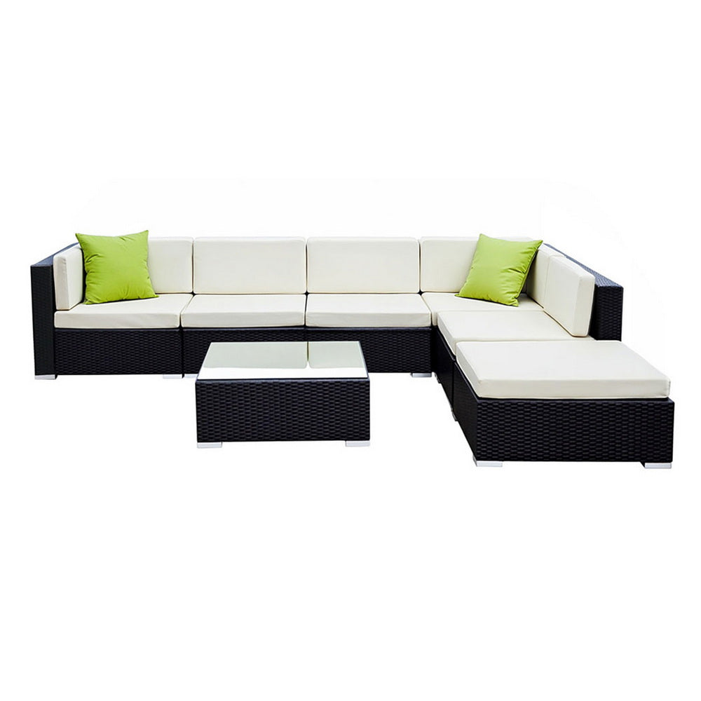 Hervey Bay 7 Piece Outdoor Corner Lounge Set, Black Wicker