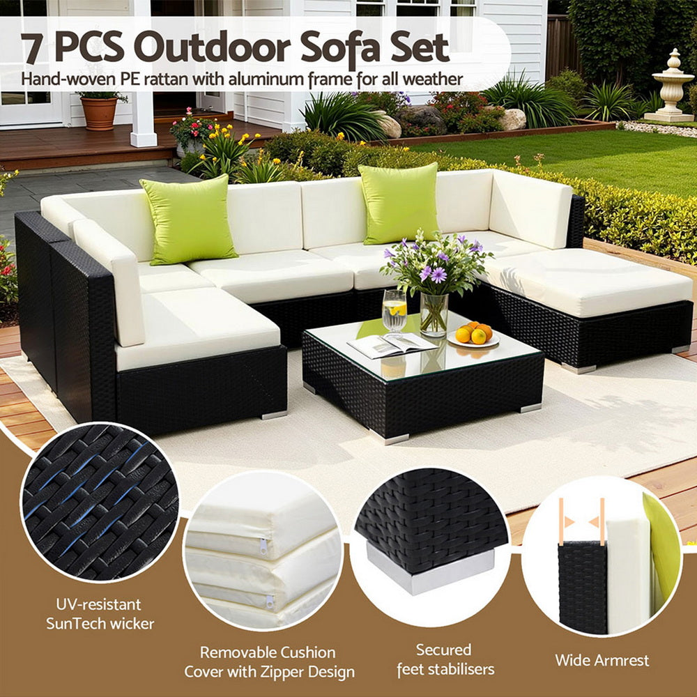 Hervey Bay 7 Piece Outdoor Corner Lounge Set, Black Wicker