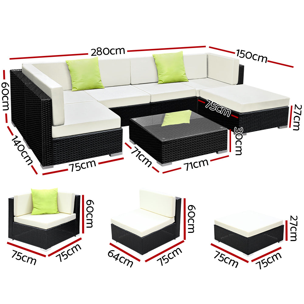 Hervey Bay 7 Piece 6 Seater Outdoor Corner Lounge Set, Black Wicker