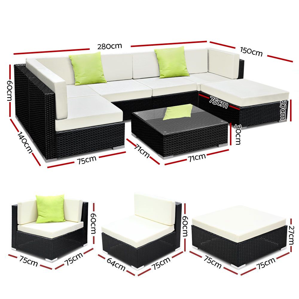 Hervey Bay 7 Piece 6 Seater Outdoor Corner Lounge Set, Black Wicker