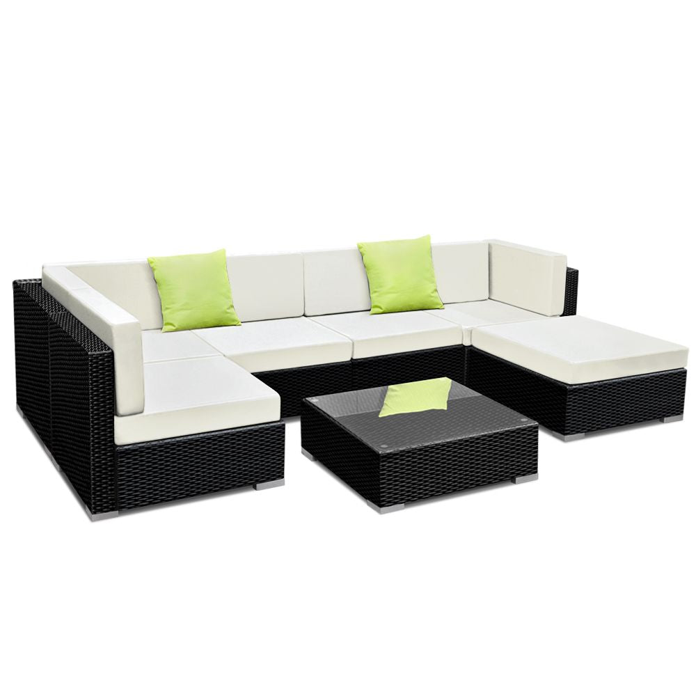 Hervey Bay 7 Piece 6 Seater Outdoor Corner Lounge Set, Black Wicker
