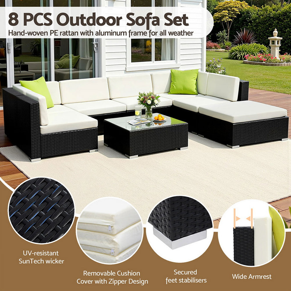 Hervey Bay 8 Piece Outdoor Corner Lounge Set, Black Wicker