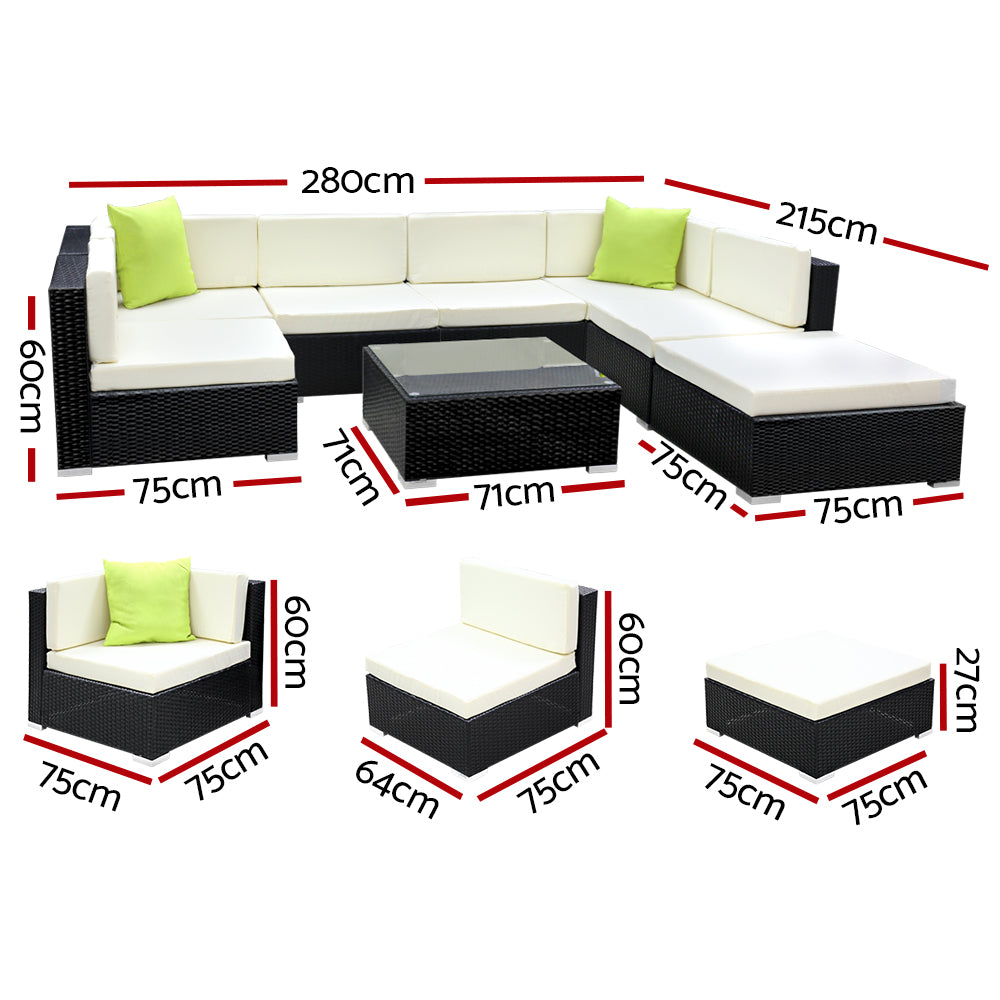 Hervey Bay 8 Piece 7 Seater Outdoor Corner Lounge Set, Black Wicker