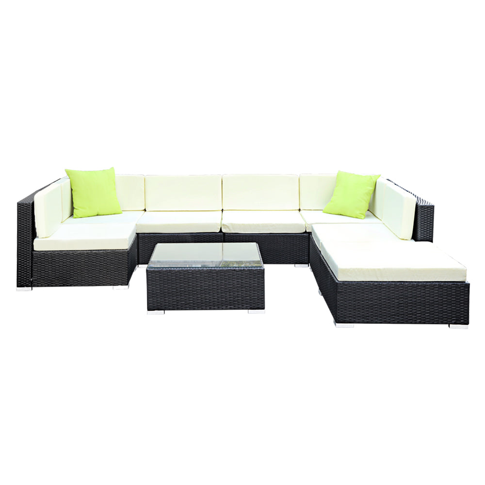 Hervey Bay 8 Piece 7 Seater Outdoor Corner Lounge Set, Black Wicker