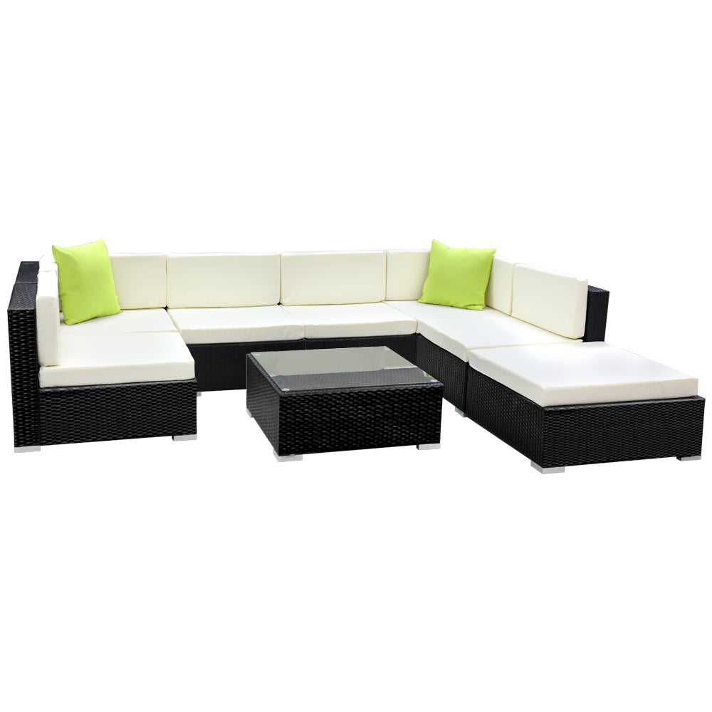 Hervey Bay 8 Piece 7 Seater Outdoor Corner Lounge Set, Black Wicker