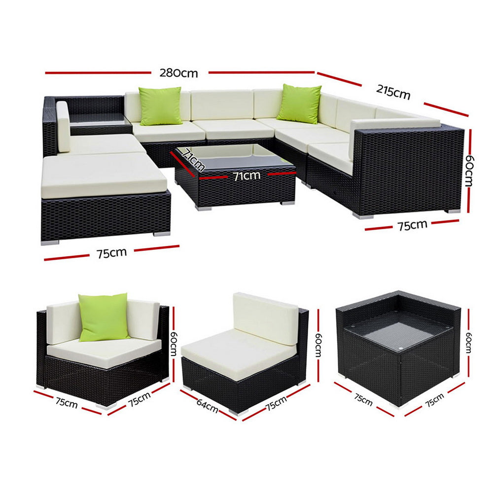 Hervey Bay 9 Piece Outdoor Corner Lounge Set, Black Wicker