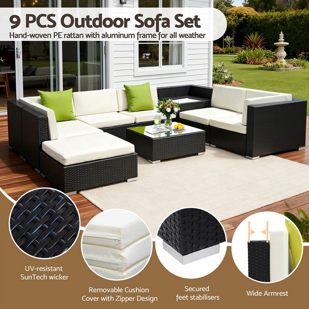 Hervey Bay 9 Piece Outdoor Corner Lounge Set, Black Wicker