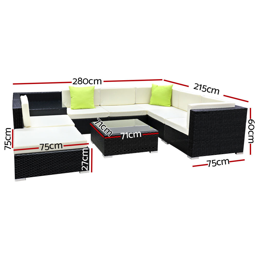 Hervey Bay 9 Piece 7 Seater Outdoor Corner Lounge Set, Black Wicker